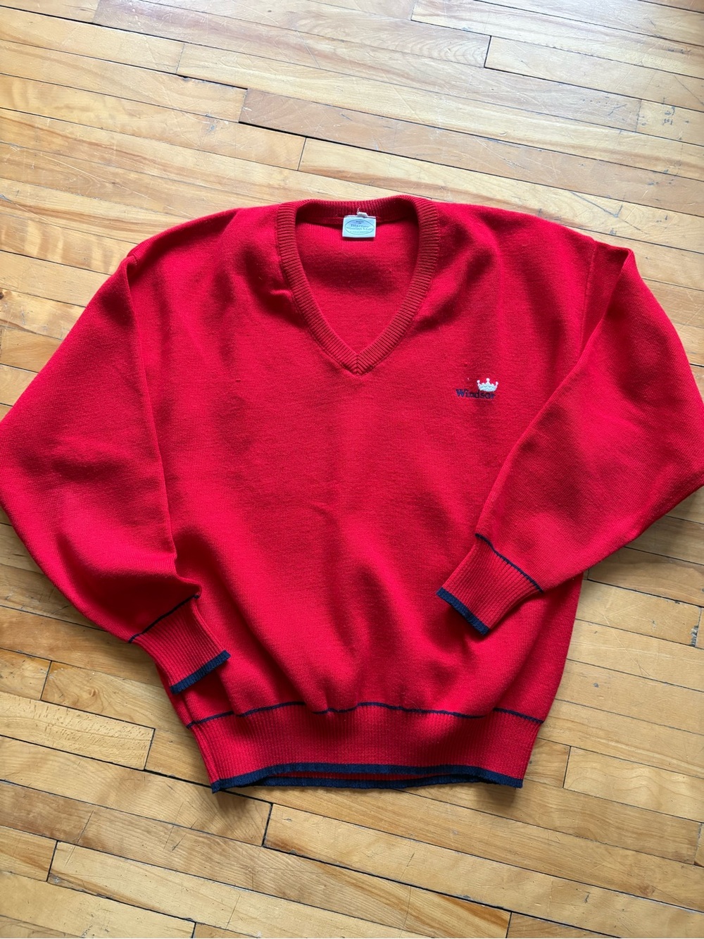 Classic Red V-Neck Sweater with Navy Contrast Trim